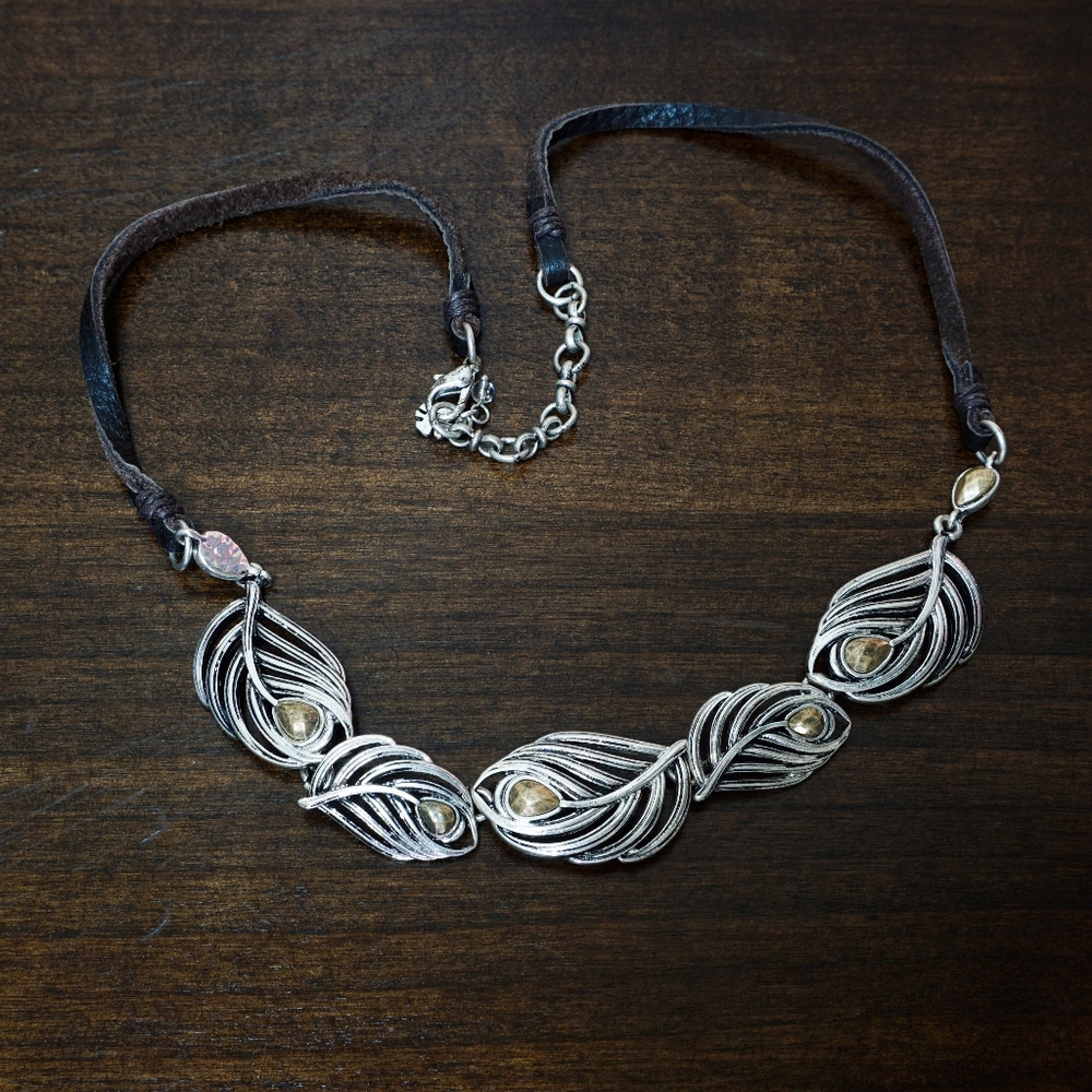 Lucky Brand Silver Gold Leaf Leather Necklace